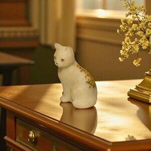 Fenton Cream Custard Satin Glass Cat Hand Painted Floral Signed Figurine Vintage